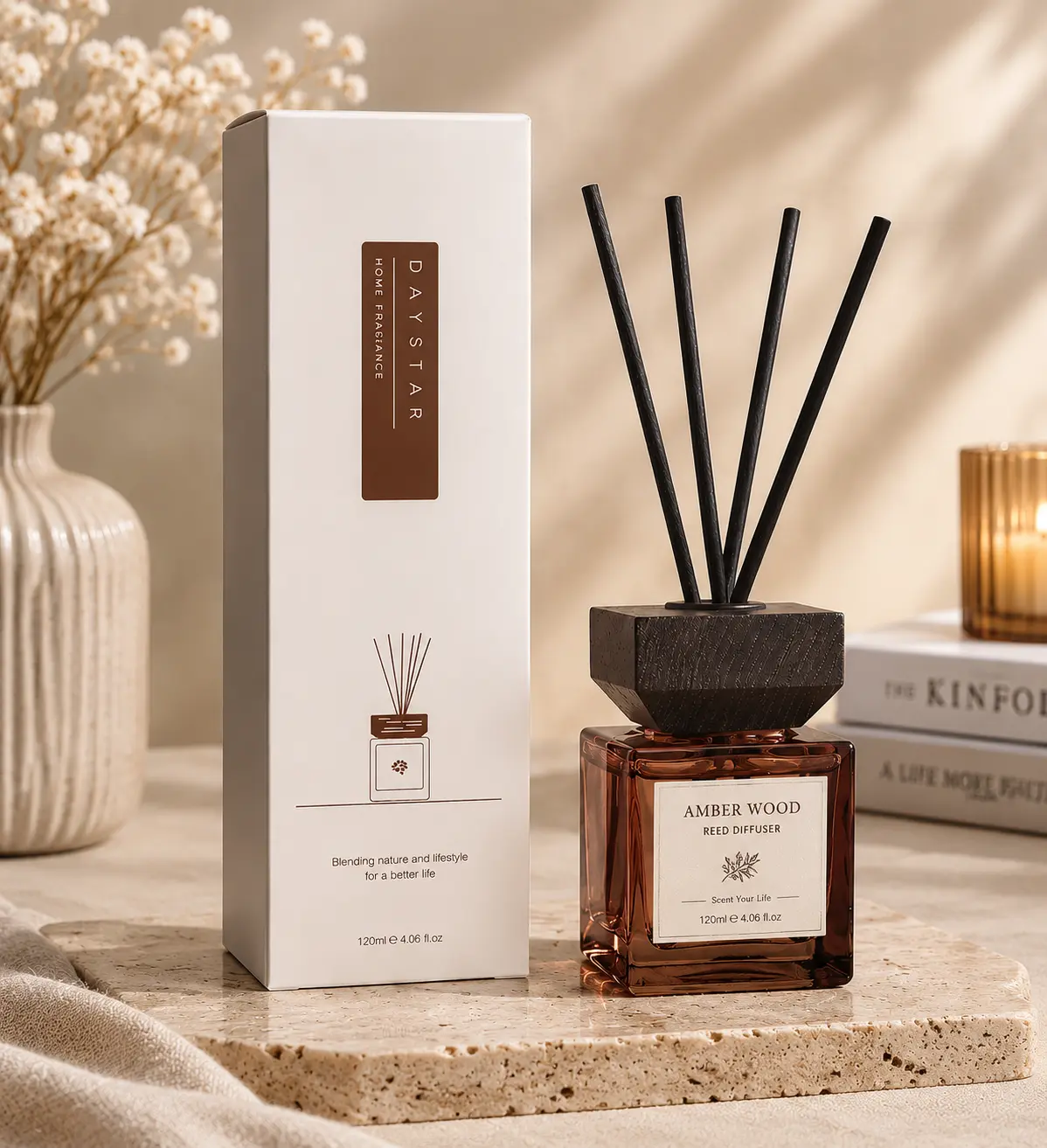 amber glass square reed diffuser bottle with wooden cap