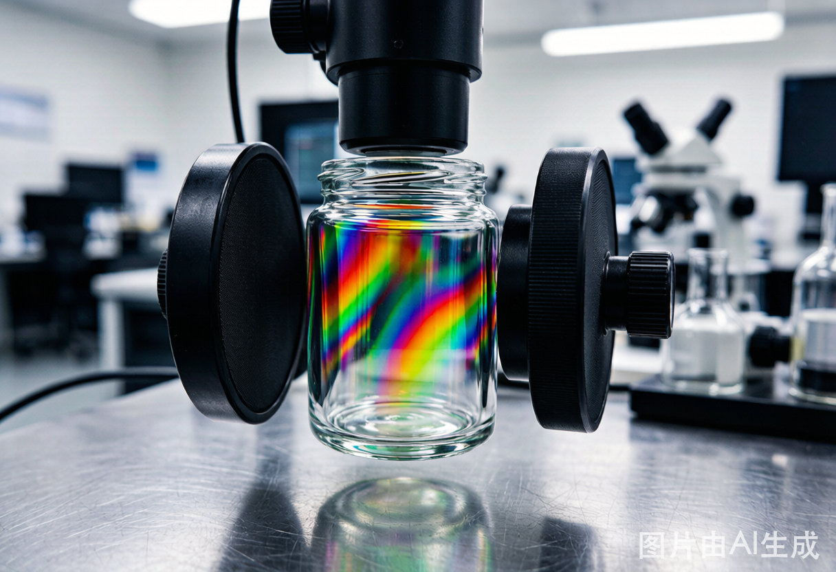 Polariscope testing equipment examining a glass candle jar for stress patterns under polarized light