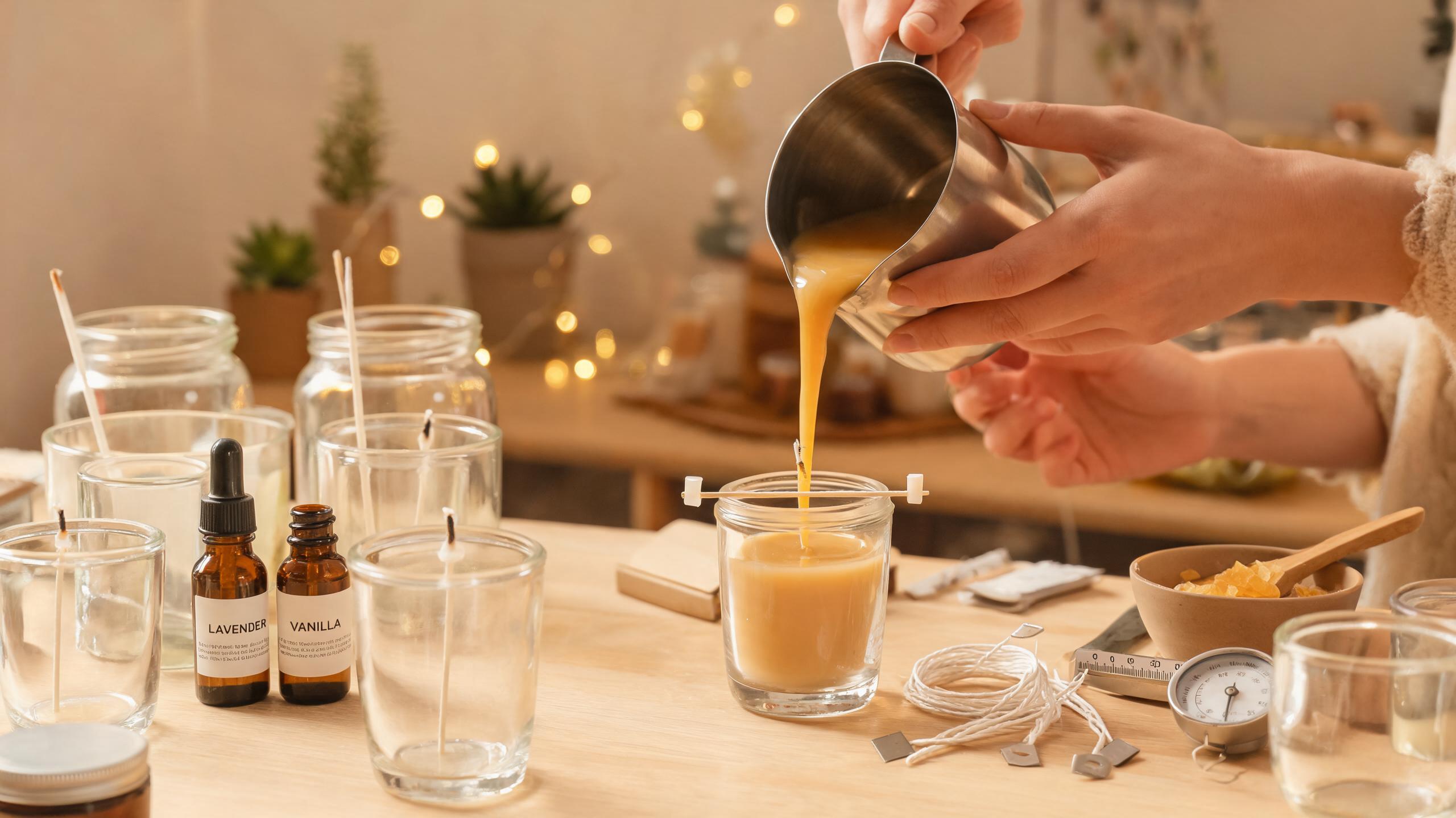 A person pouring hot wax into a thick clear glass candle jar with candle-making tools and essential oils on a rustic wooden table