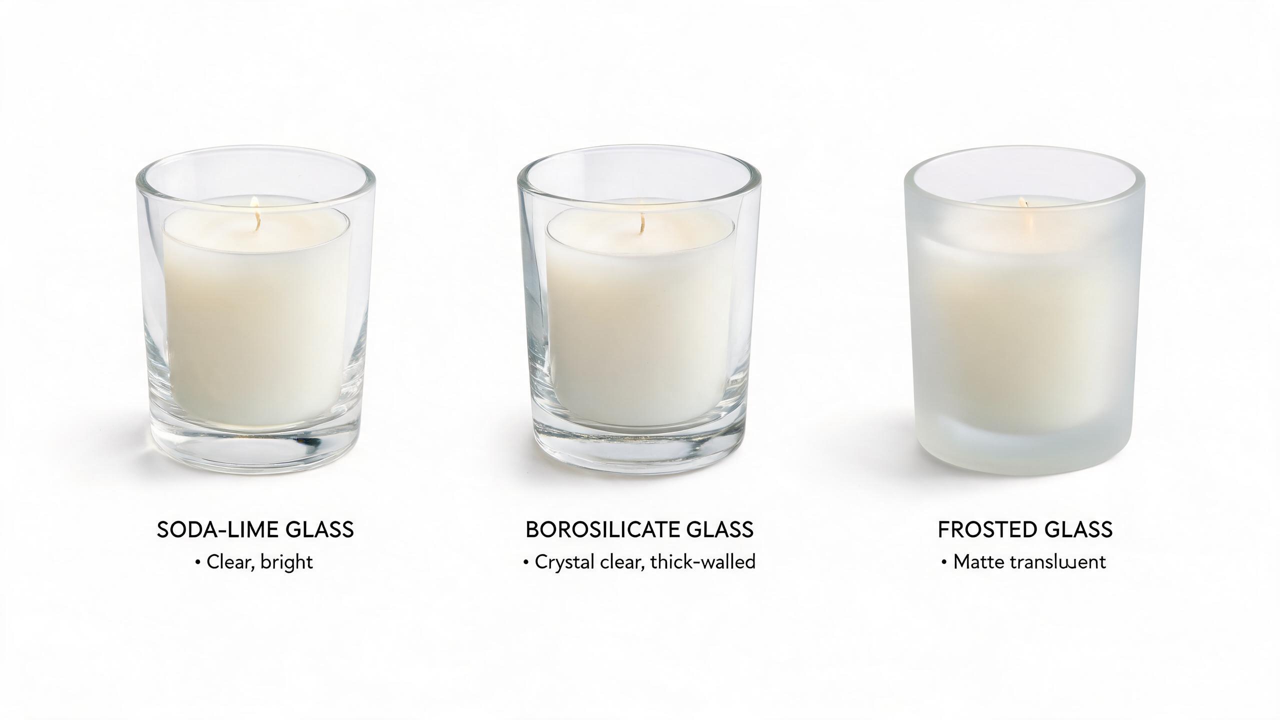 Close-up comparison of three glass types: soda-lime clear glass, borosilicate thick-walled glass, and frosted matte glass