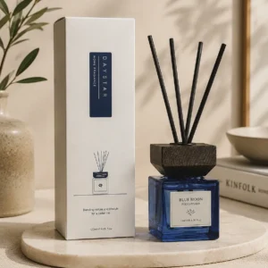 navy blue square reed diffuser bottle with wooden cap