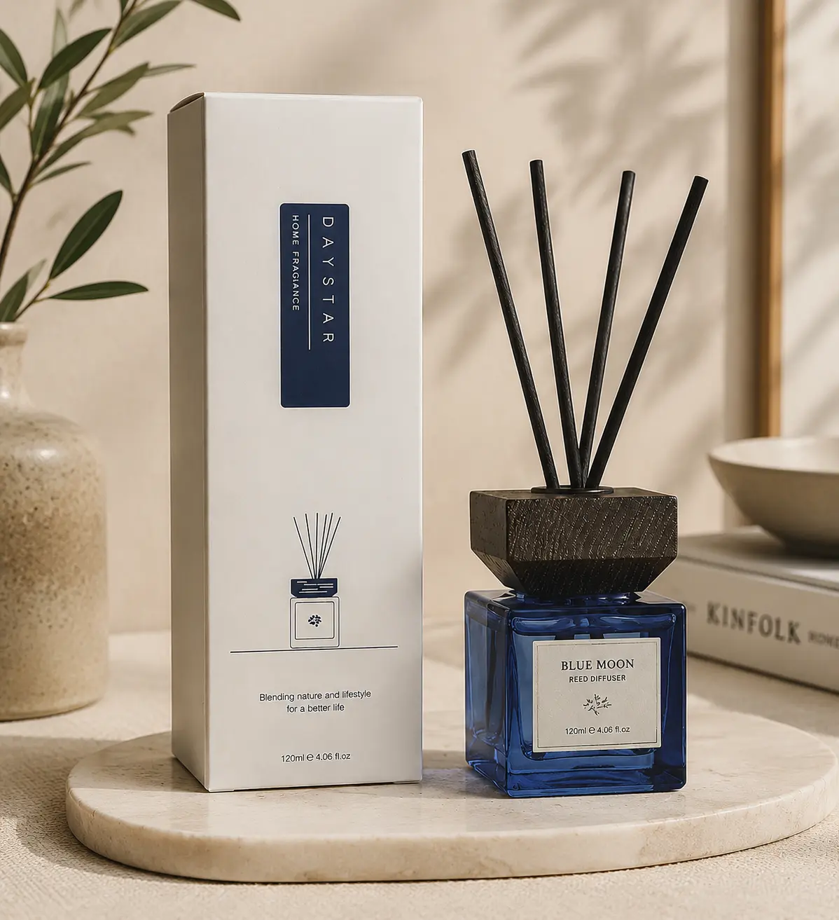 navy blue square reed diffuser bottle with wooden cap