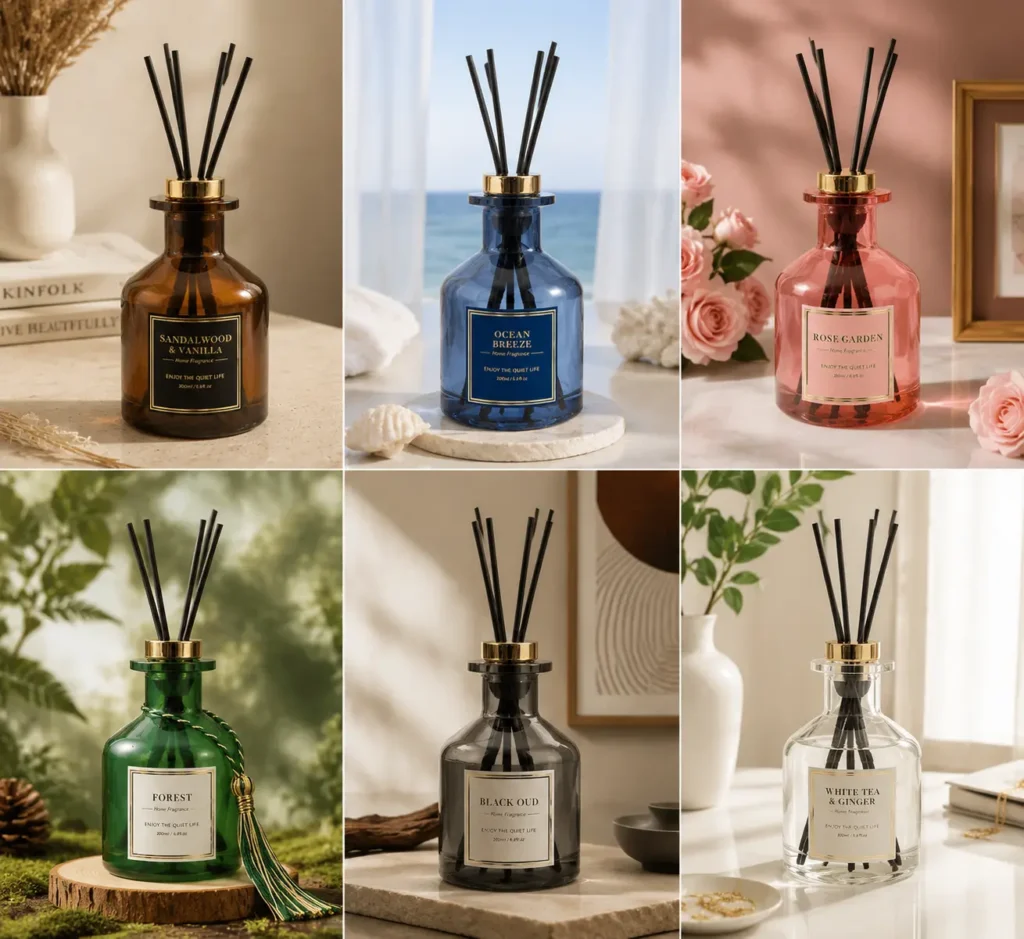 premium colored glass diffuser bottle with reeds and metal cap