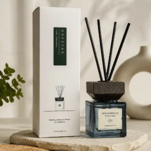 smoke gray square reed diffuser bottle with wooden cap