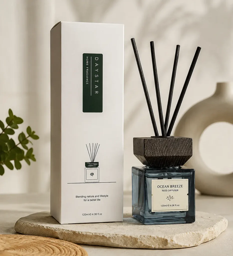 smoke gray square reed diffuser bottle with wooden cap