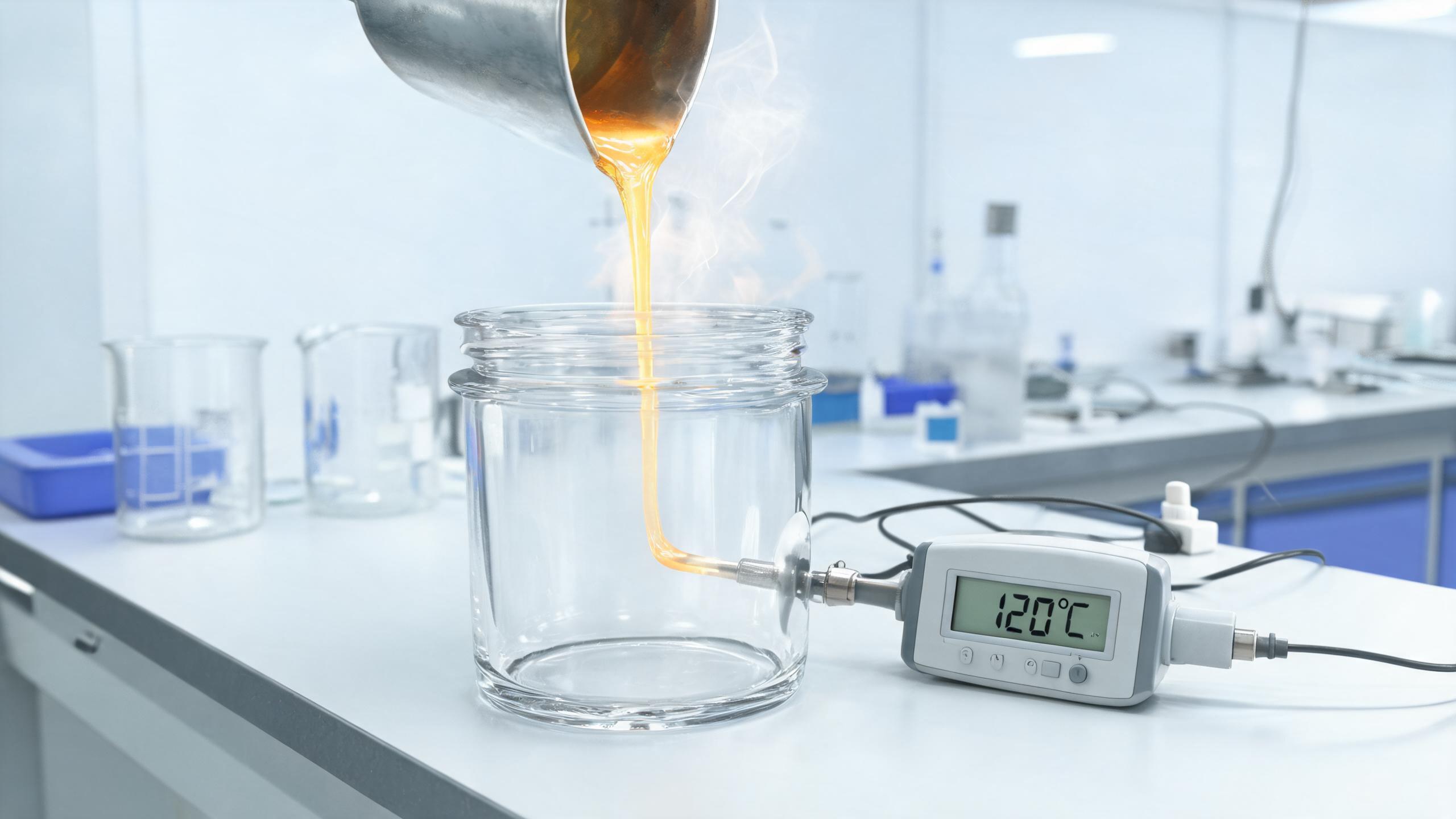 Close-up of a glass candle jar undergoing thermal shock testing in a laboratory