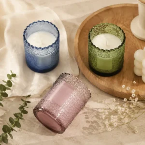 250ml patterned glass candle jar with decorative textured surface and label area