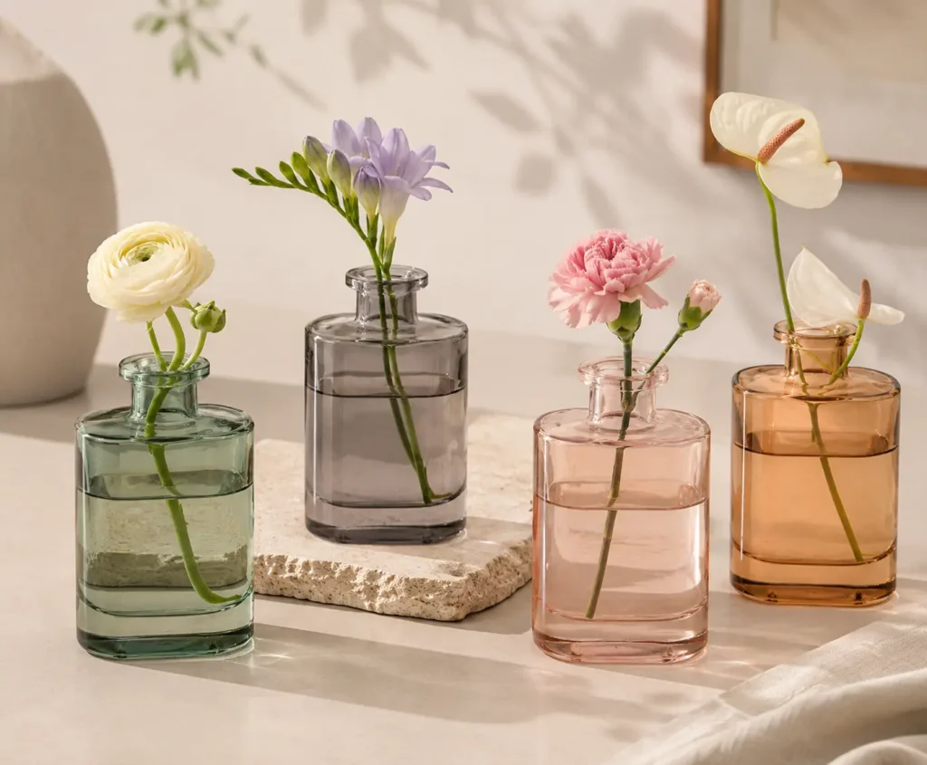 Colored glass reed diffuser bottles for custom home fragrance collections