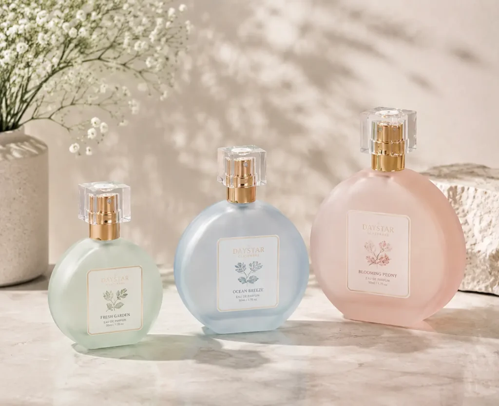 Round glass perfume bottle with custom color finish for fragrance packaging