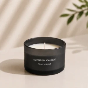 black wide mouth glass candle jar with label