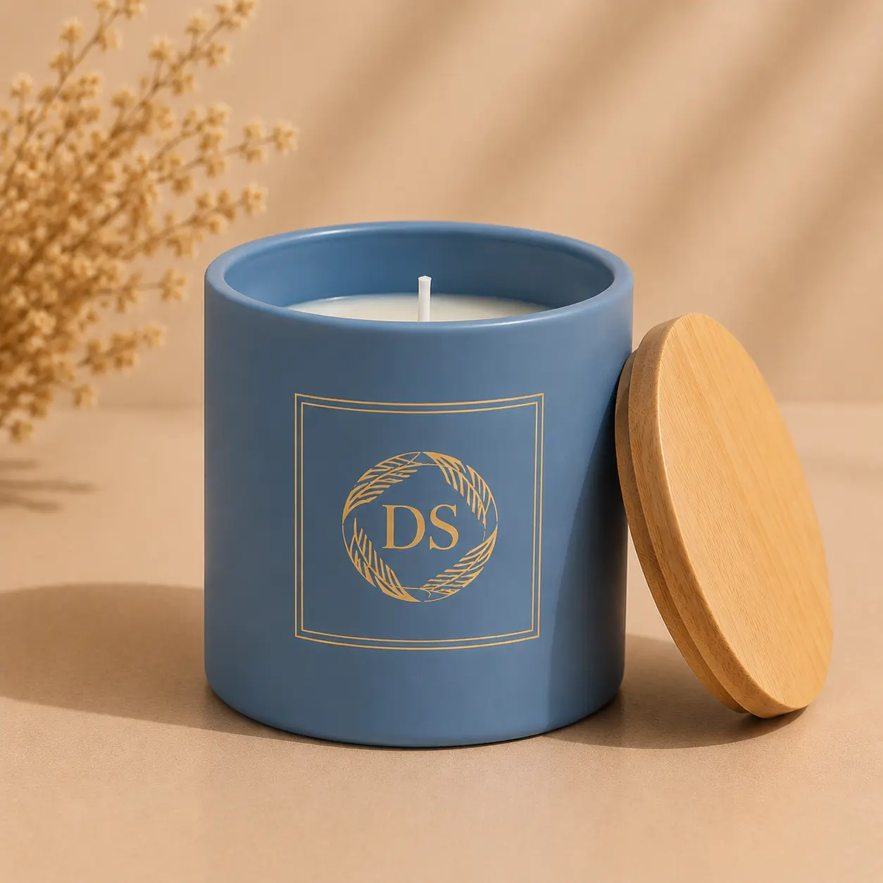 dusty blue glass candle jar 1650ml with wooden lid