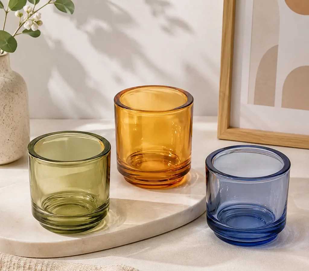 heavy glass candle vessel with stepped glass base