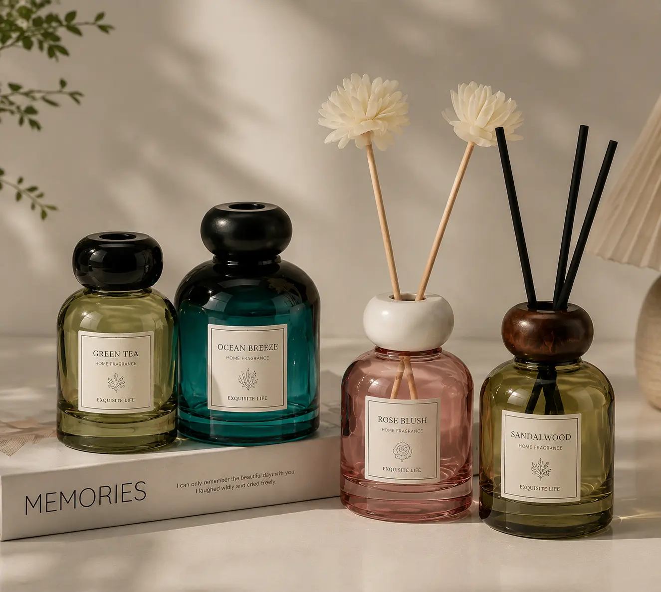 luxury colored glass reed diffuser bottle with decorative cap