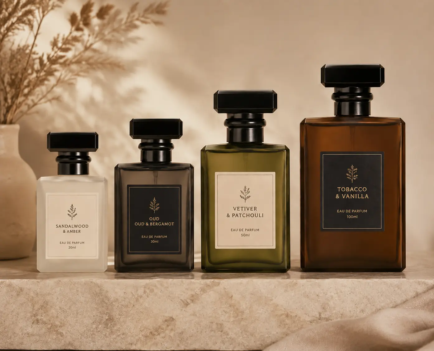 luxury square glass perfume bottle with black cap