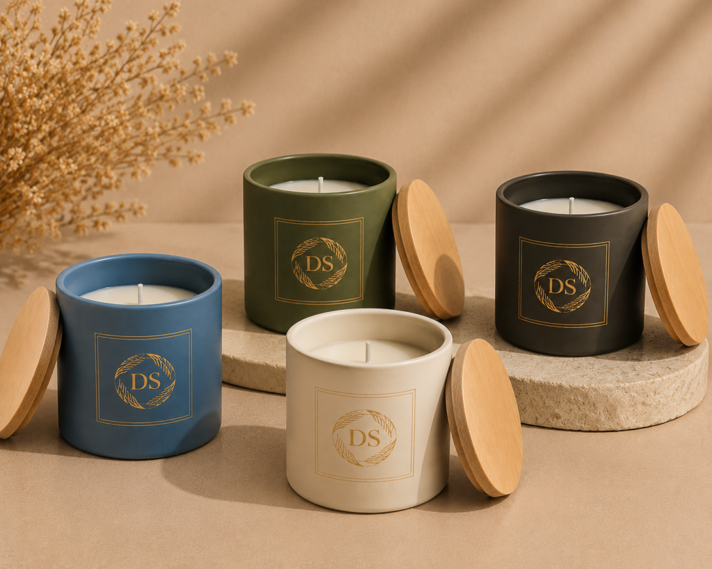 matte colored glass candle jar with wooden cover