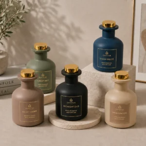 matte round glass reed diffuser bottle with metal cap