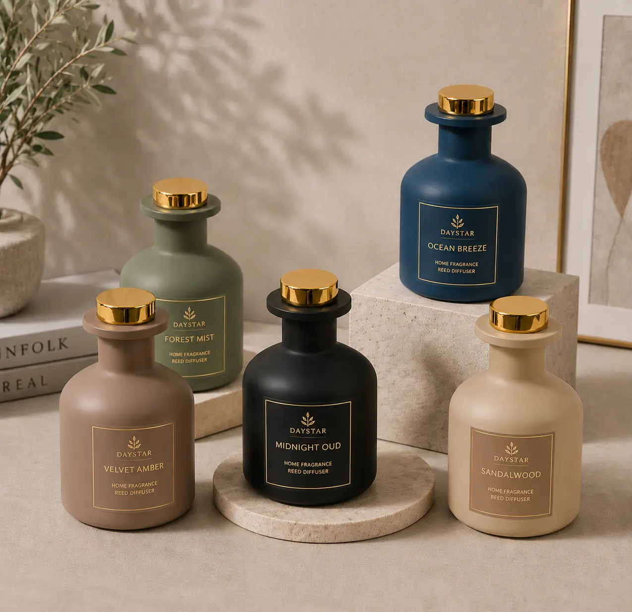 matte round glass reed diffuser bottle with metal cap