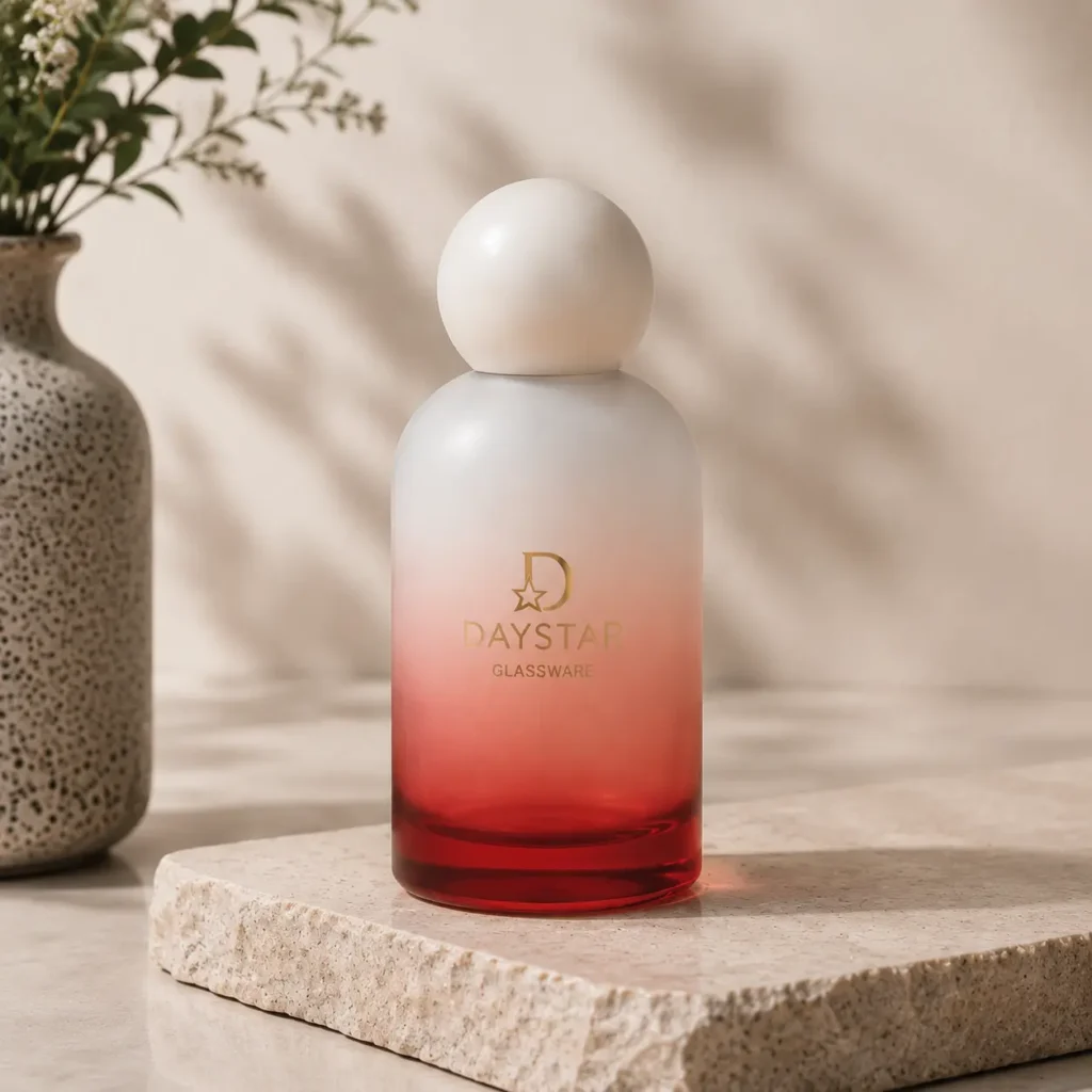red gradient frosted glass perfume bottle with sphere cap