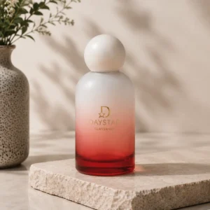 red gradient frosted glass perfume bottle with sphere cap