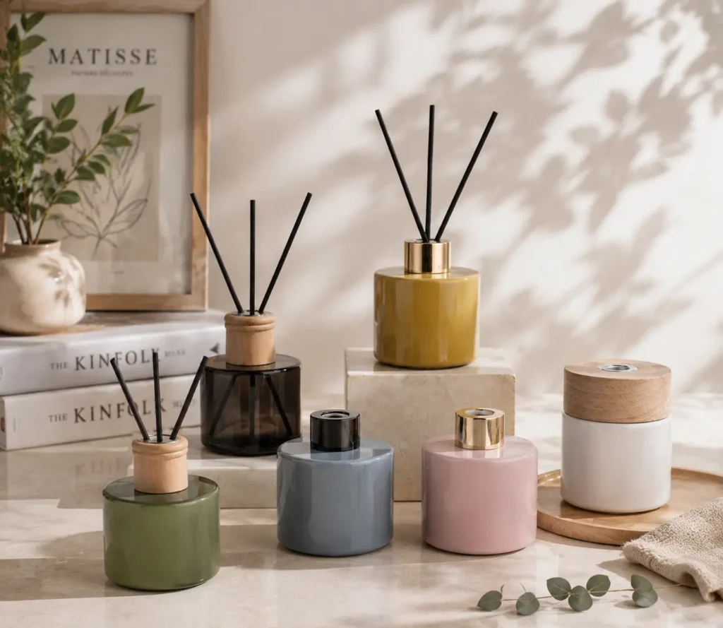 round glass reed diffuser bottle with wooden cap