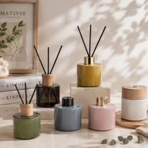 round glass reed diffuser bottle with wooden cap