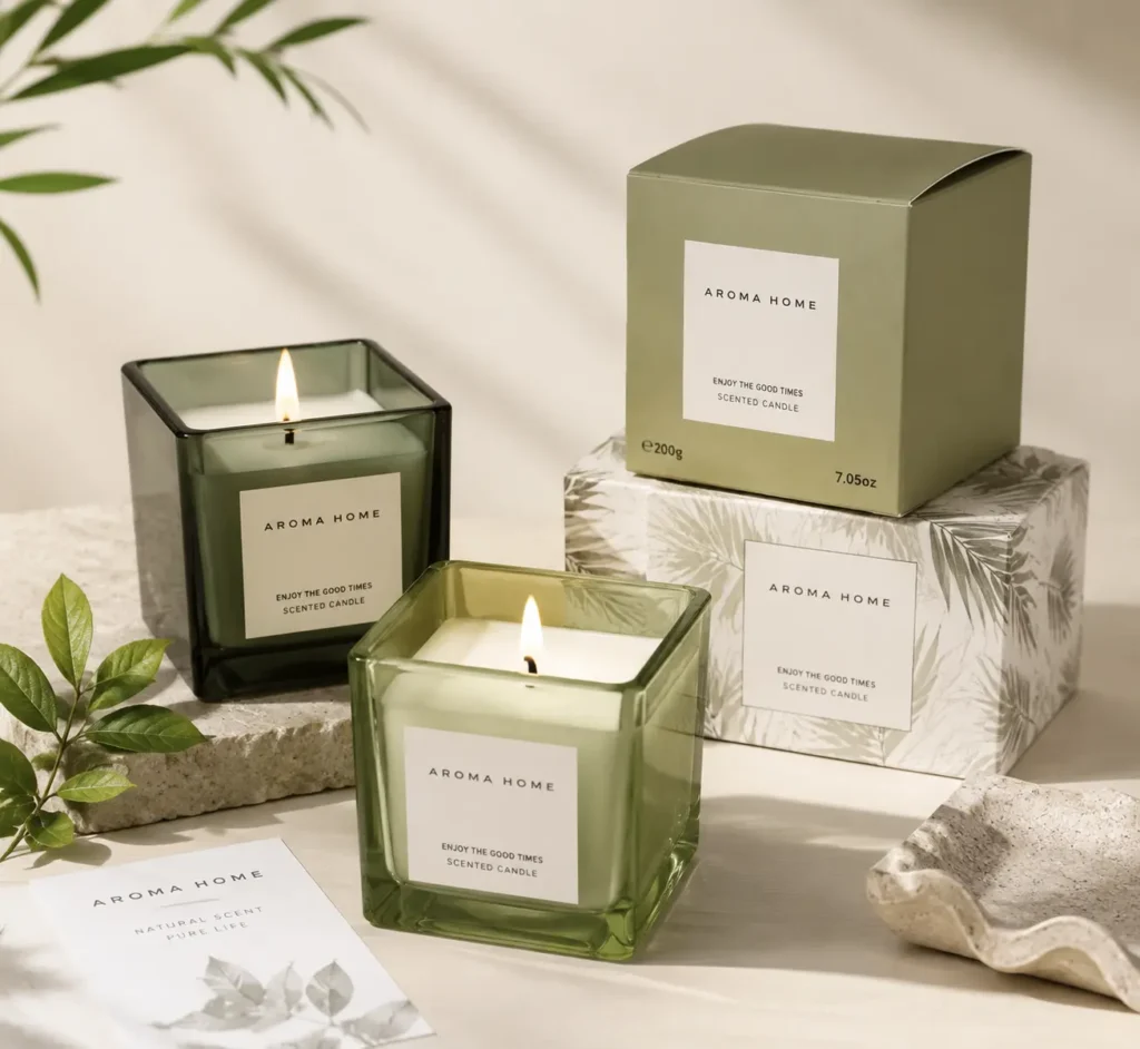 square glass candle jar with custom label