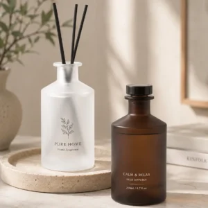 white frosted and amber glass diffuser bottles