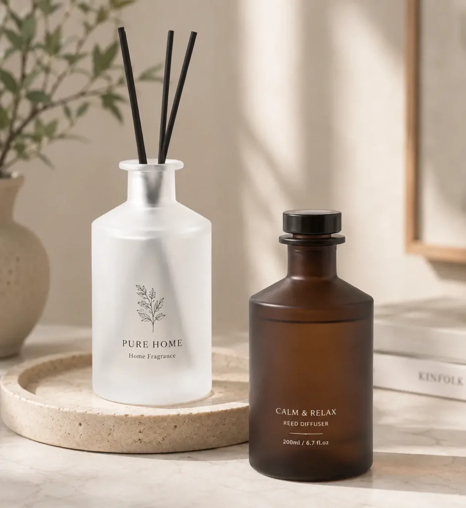 white frosted and amber glass diffuser bottles