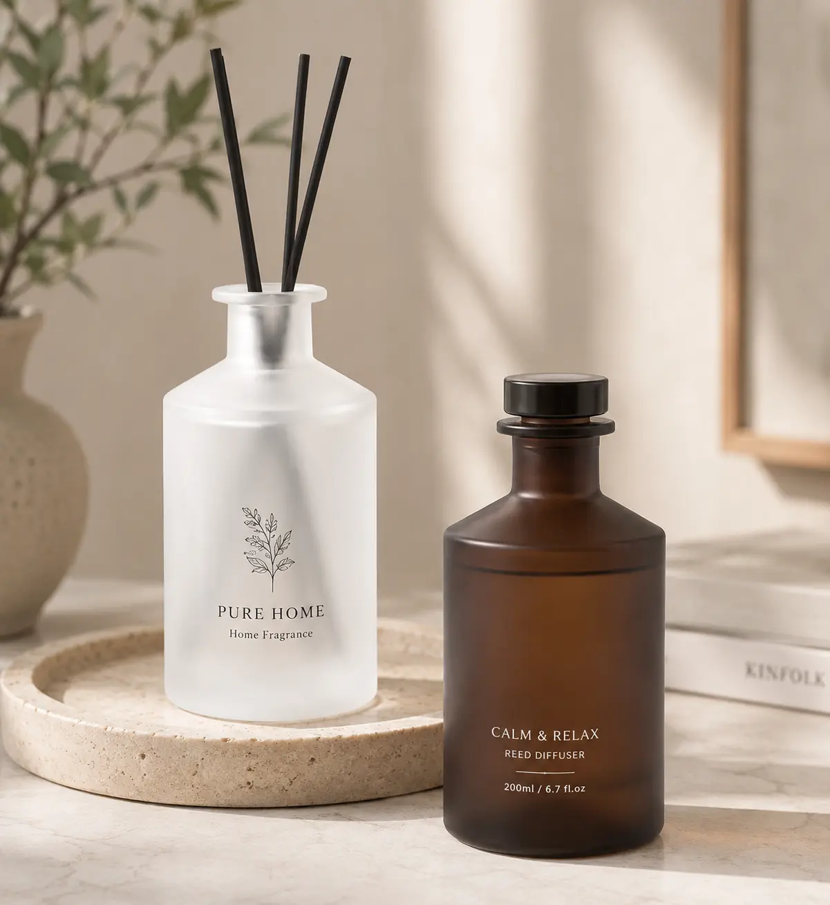 white frosted and amber glass diffuser bottles