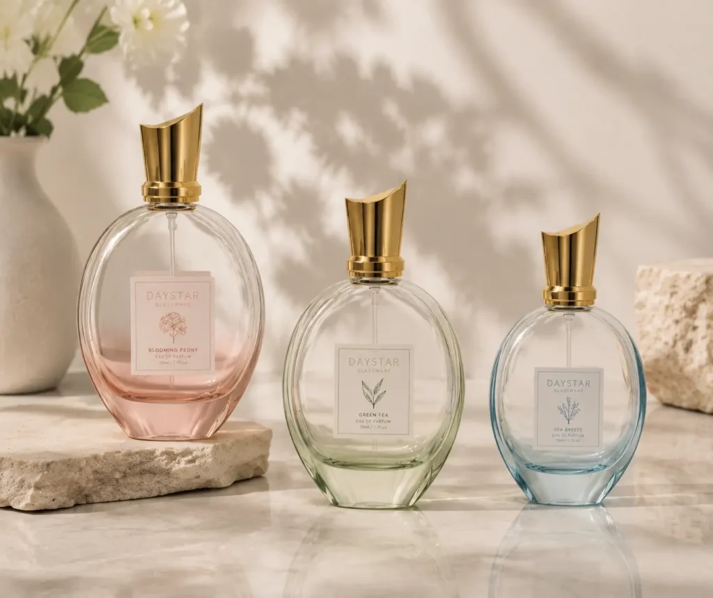 Oval glass perfume bottle with elegant curved design for custom fragrance packaging