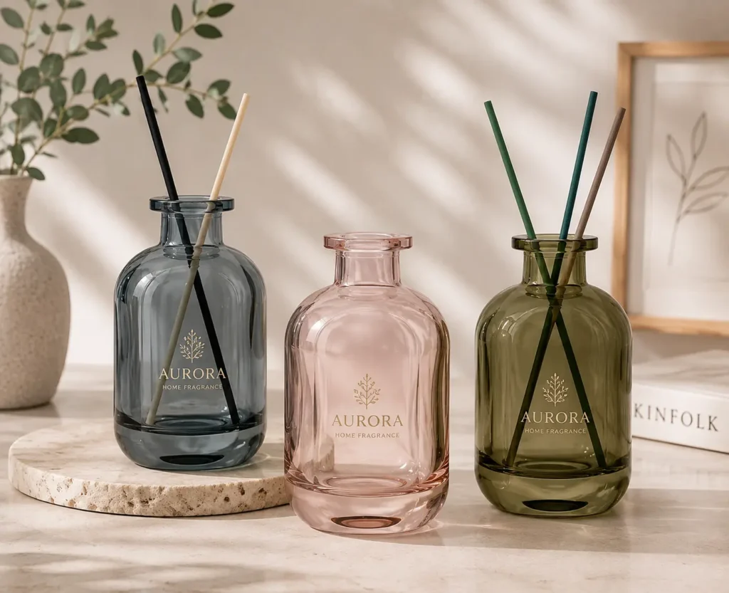 Colored glass reed diffuser bottles in smoky grey pink and olive green