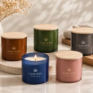 Colored high borosilicate glass candle jars with glossy finish and wooden lids