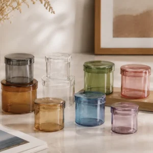 Glossy colored glass candle jars with glass lid