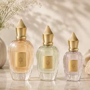 Luxury glass perfume bottle with decorative gold cap