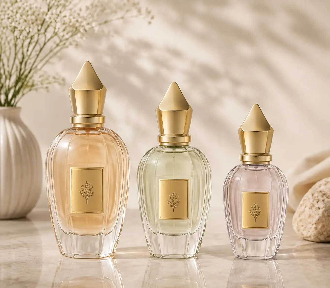 Luxury glass perfume bottle with decorative gold cap