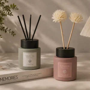 Matte glass reed diffuser bottles with dark wood-style lids in custom colors
