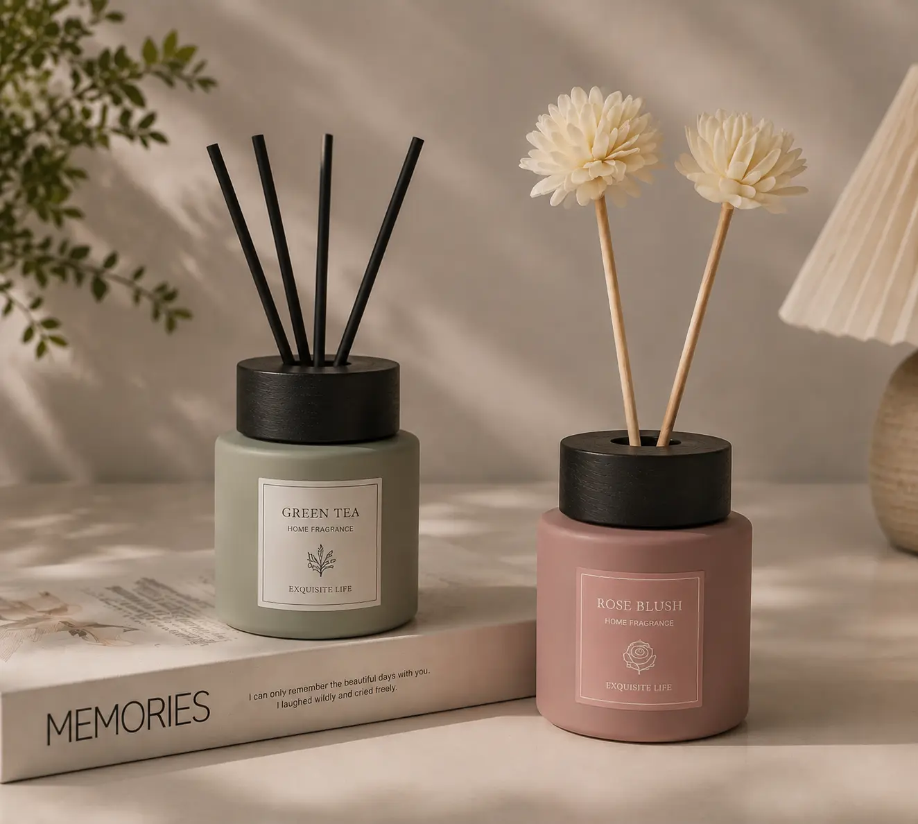 Matte glass reed diffuser bottles with dark wood-style lids in custom colors