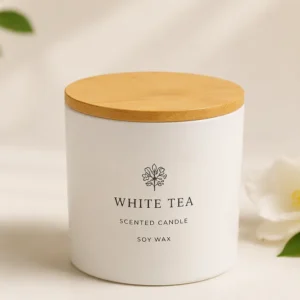 glossy white glass candle jar with wooden lid