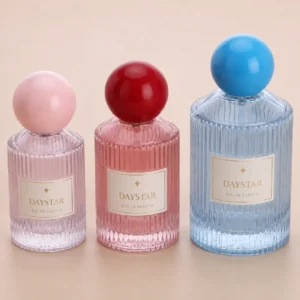 ribbed glass perfume bottles with spherical lids in custom colors
