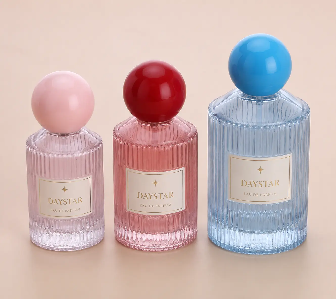 ribbed glass perfume bottles with spherical lids in custom colors